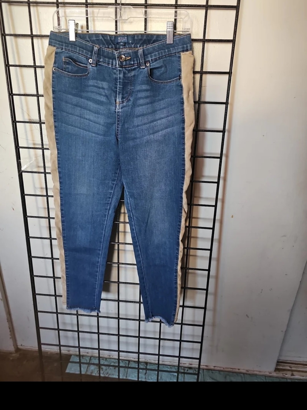 Kensie Blue Skinny Jeans with Tan Side Panels
